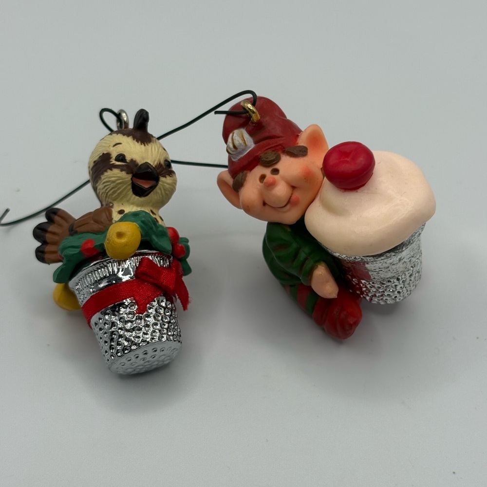 Two VTG 80’s Hallmark Thimble Series Partridge Bird & Elf Cupcake Ornaments